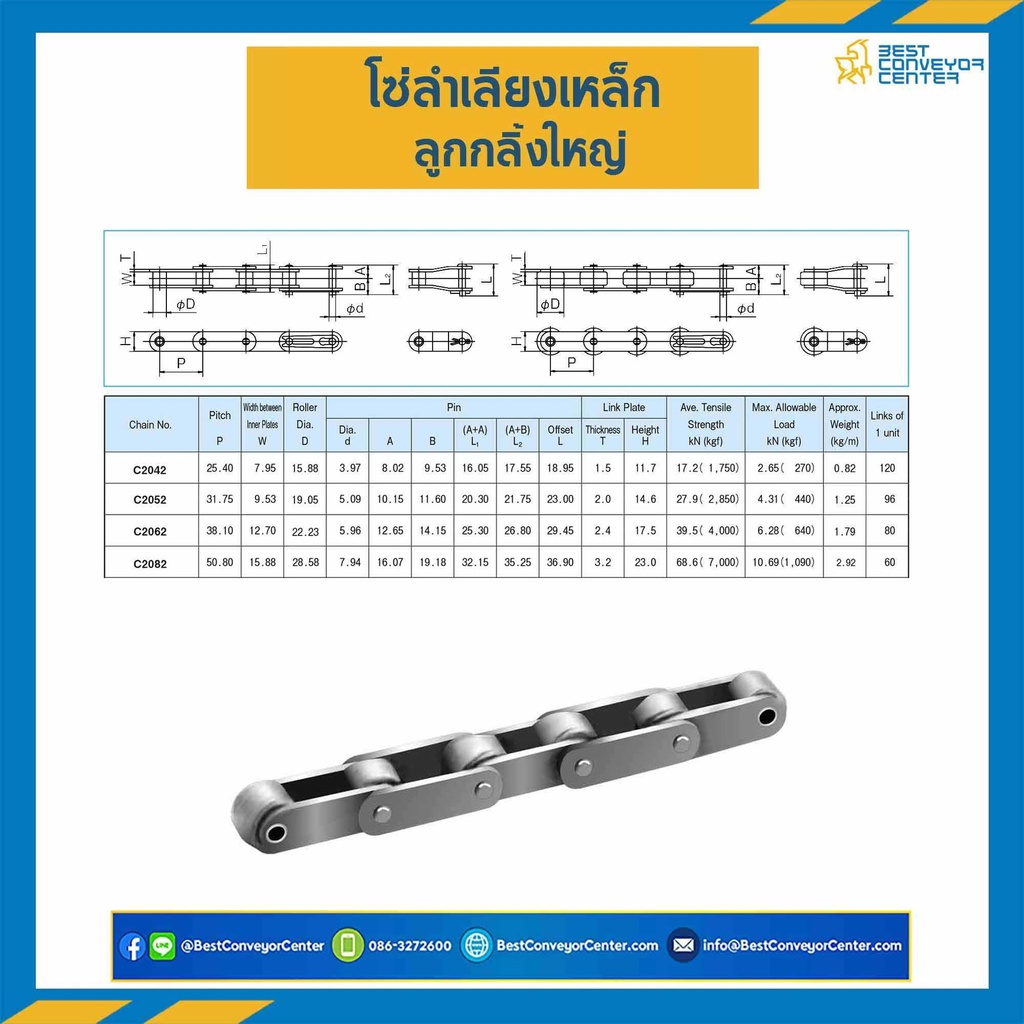 C2102 ; โซ่ลำเลียง Conveyor Chain ลูกกลิ้งใหญ่ No.2102