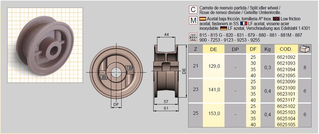 6625102 : Idler for 25Z, BORE 25MM., DIA 153 MM.For LF820