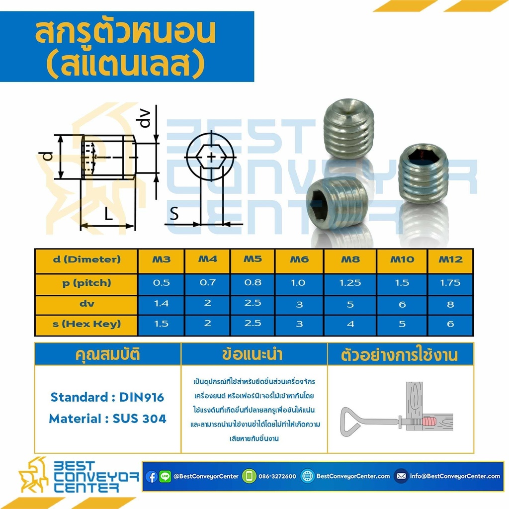 HSS-M3L10SS ; สกรูตัวหนอน M3x10 mm. (SUS304)