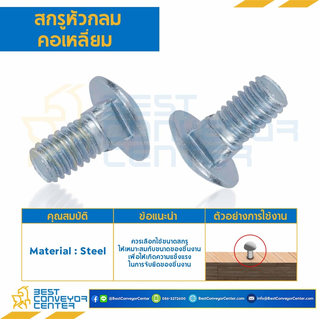 HSRS-M10L50 : สกรูหัวกลมคอเหลี่ยม ขนาด M10x1.5×50 mm.