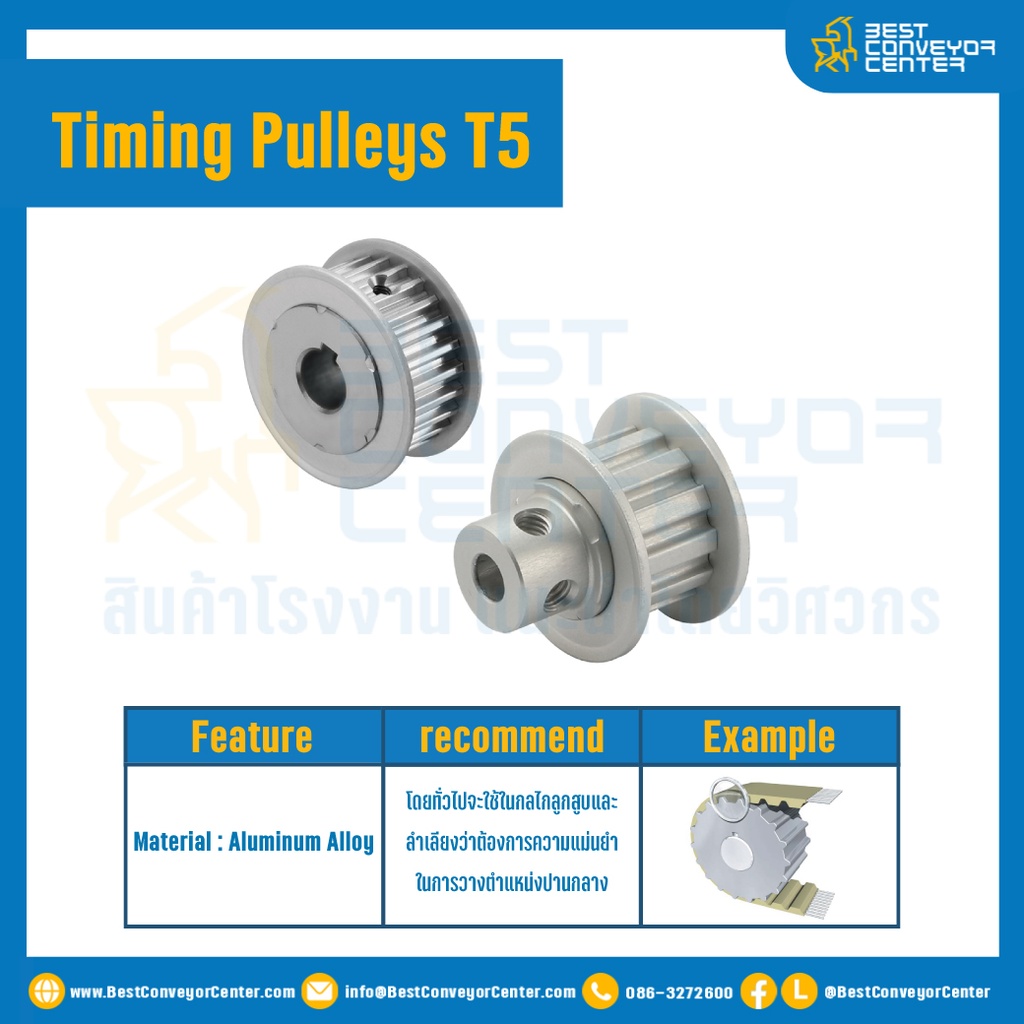 มู่เล่ย์ไทม์มิ่ง Pulley Timing T5 มีดุม หน้ากว้าง 10 mm. 22 ฟัน : Pulley Timing T5-10-22TB-P