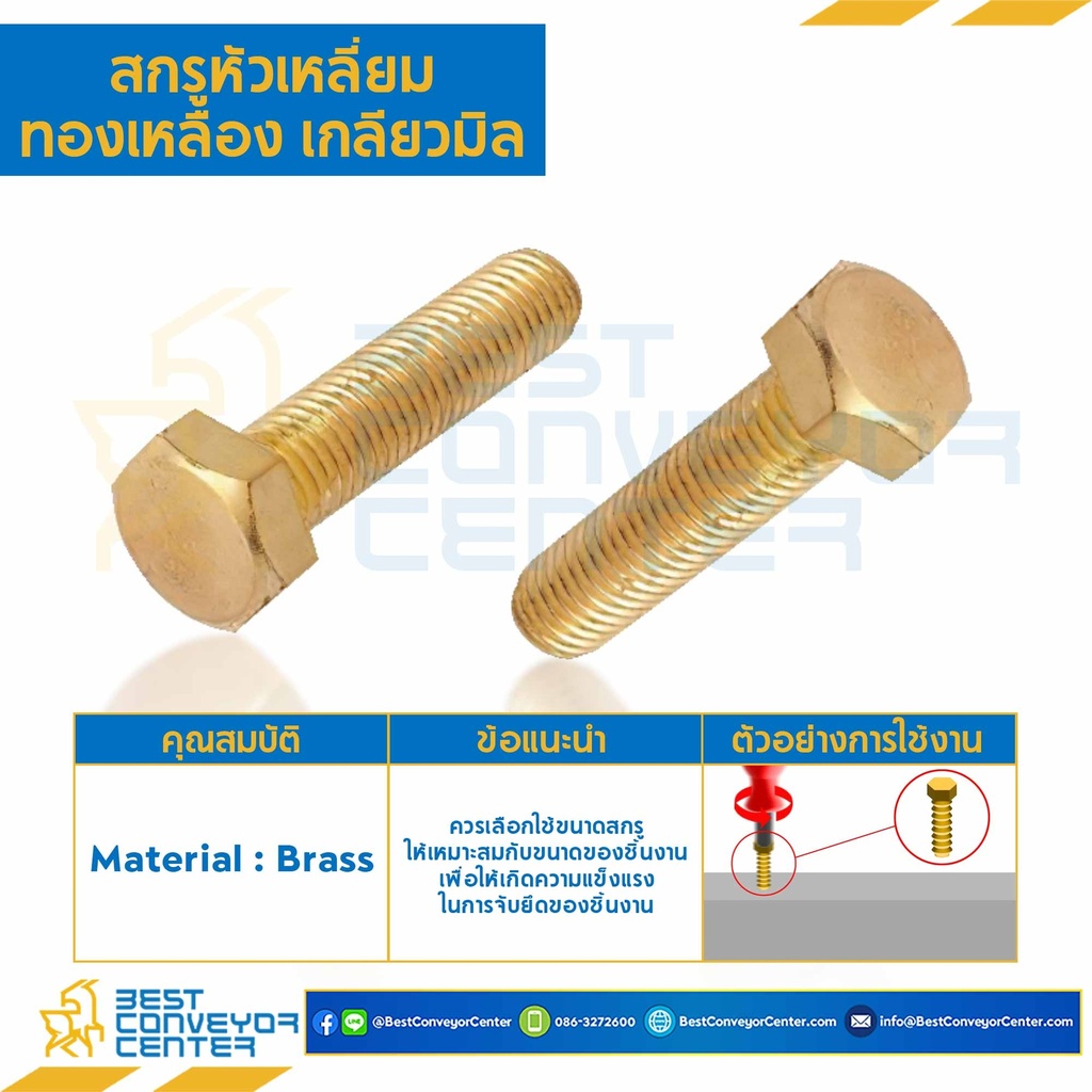 BHS-M6L40 : สกรูหัวเหลี่ยมทองเหลือง ขนาด M6x40 mm.