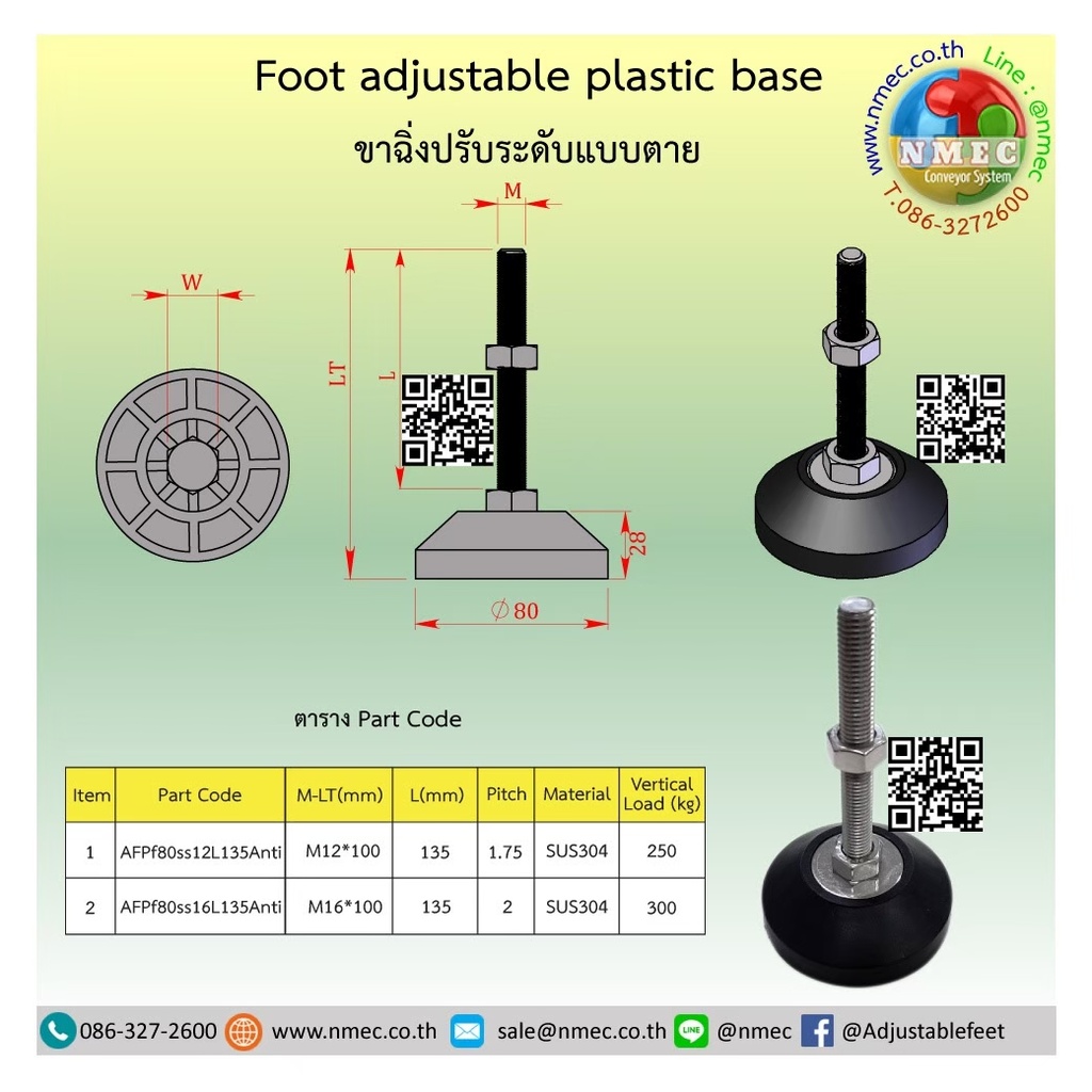 AFPf80SS16L135Anti ขาปรับระดับฐานพลาสติกแบบตาย พร้อมยางกันลื่นฐาน 80 mm. M16x100 mm. SUS304