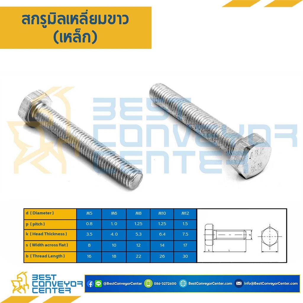 M6L10S : สกรูหัวเหลี่ยม M6x10 mm. เกลียวตลอดชุปขาว