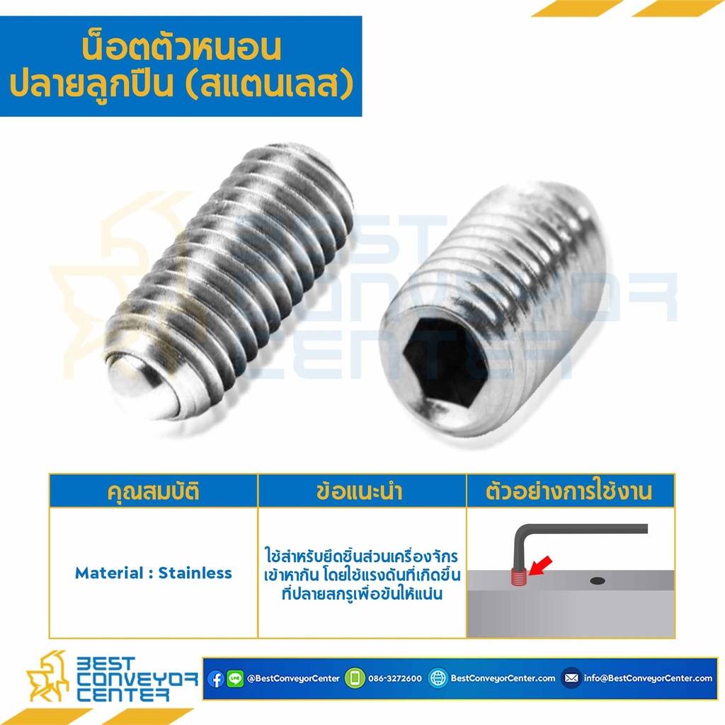 สกรูตัวหนอน M5x12 ปลายลูกปืน สแตนเลส : M5L12SSP