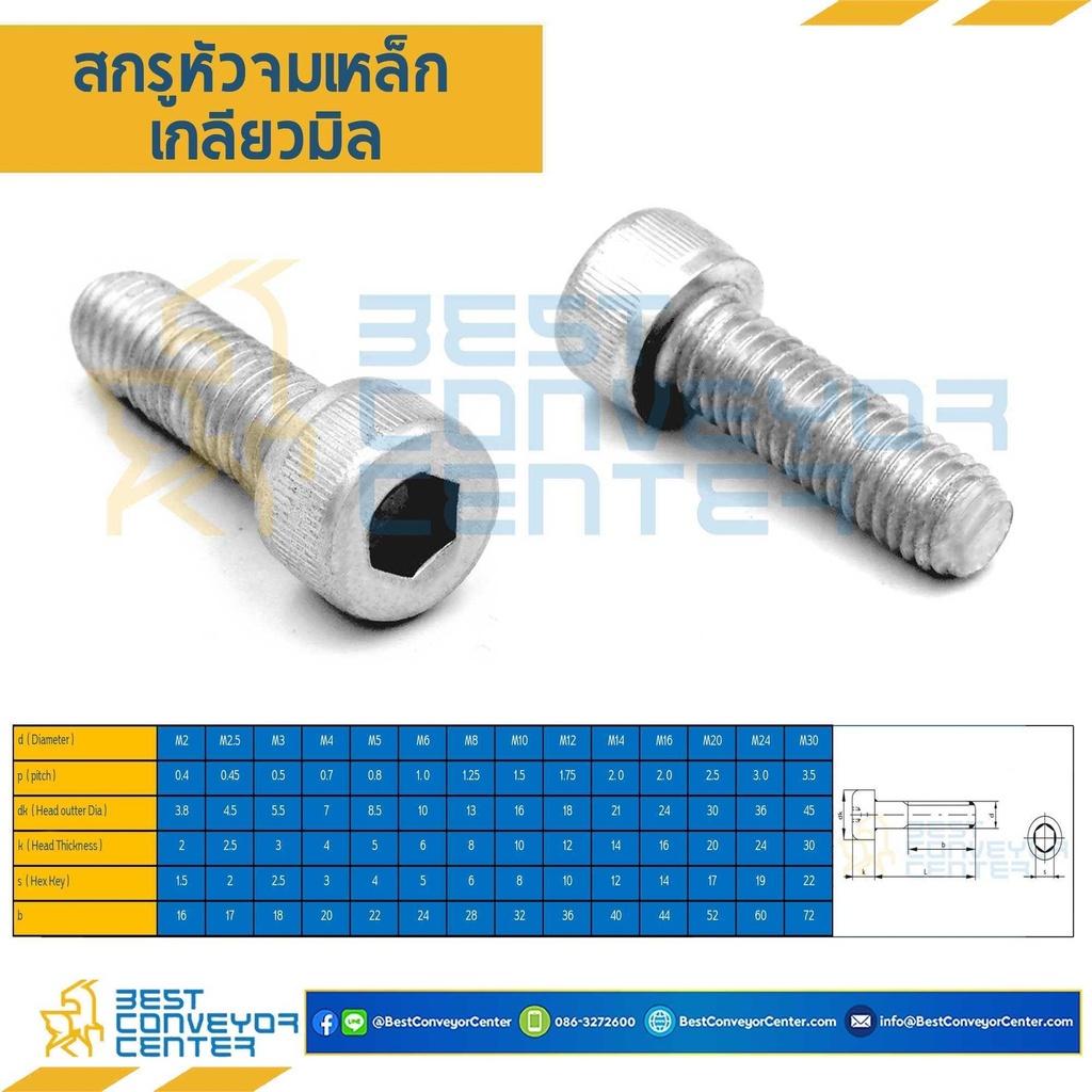 สกรูหัวจม M16x30 mm.เกลียวตลอดชุปขาว : HS-M16L30S