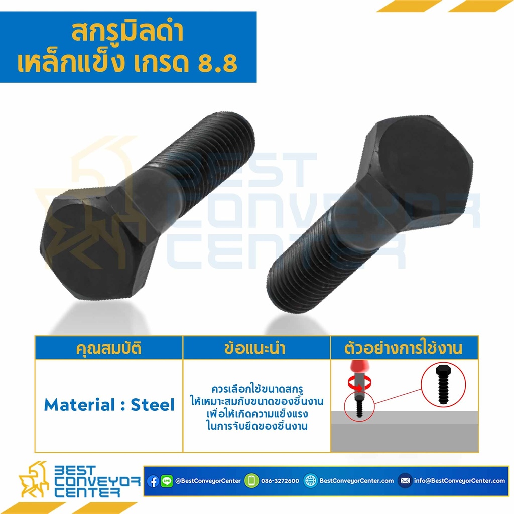 สกรูมิลดำ เหล็กแข็ง เกรด 8.8 ขนาด M30x200 mm. : HS-M30L200x8.8B