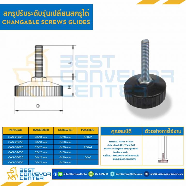 CAG-20620 สกรูปรับระดับรุ่นเปลี่ยนสกรูได้ฐาน 20 mm. M6x20 mm.