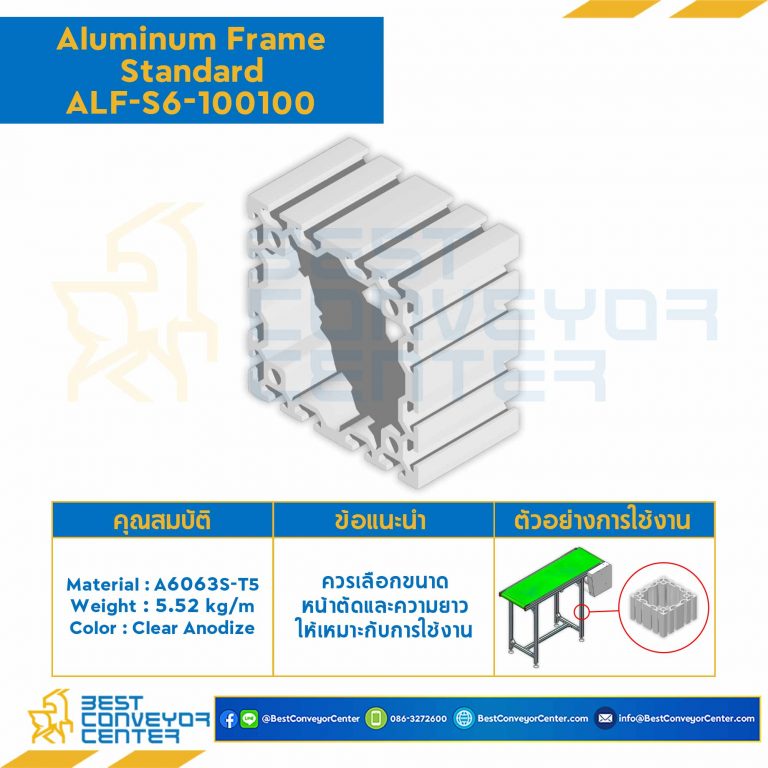 Aluminum Frame 6 Series Slot width 8 100×100 mm. L3650 mm. Clear Anodize : ALF-S6-100100-3650