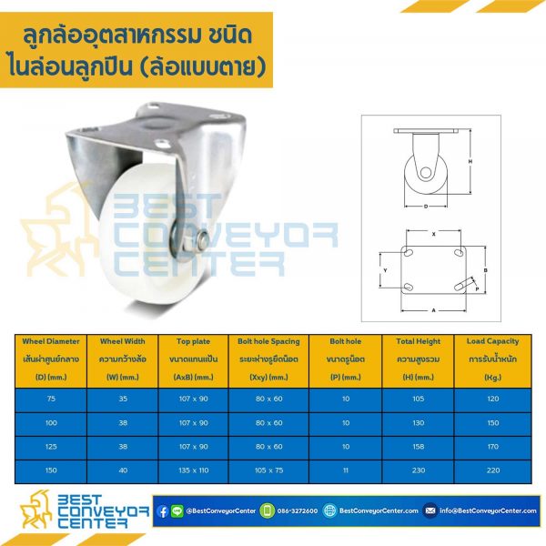 NYB-R-100 ล้อไนล่อนลูกปืน แบบแป้นตาย ขนาด 100 mm.