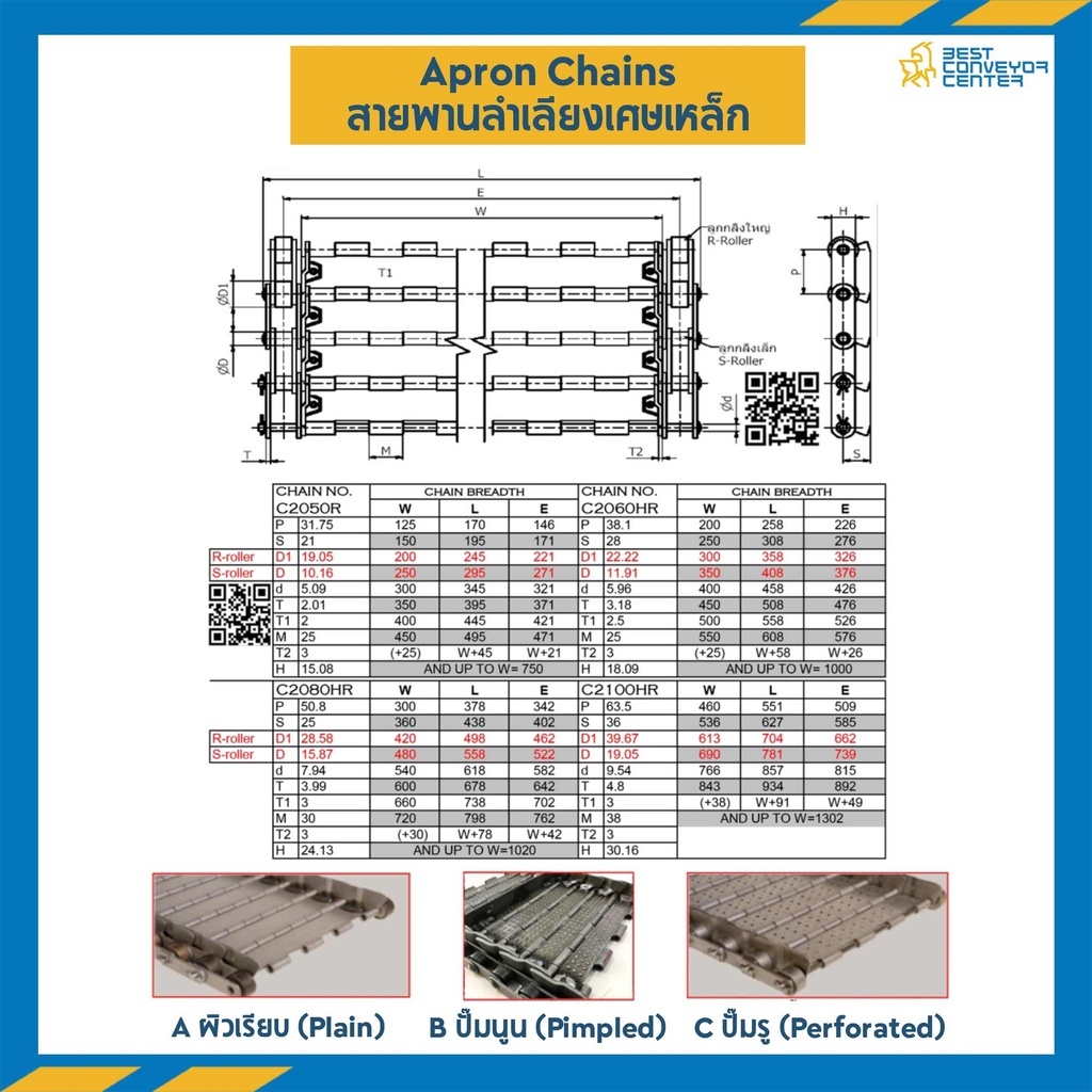 C2052W200B-K : Apron Chain C2052 R-Roller (Pitch 31.75 mm),W=200 mm. Plain Plate. (ผิวนูน) ติด flat bar ทุกแผ่นที่ 6